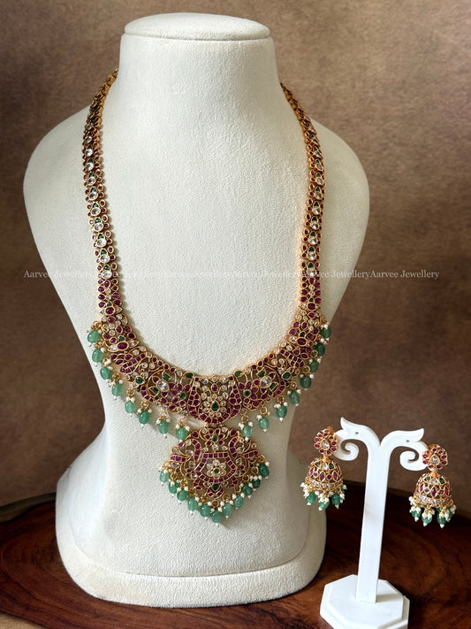 KEMP RUBY STONE FLORAL HARAM SET WITH PASTEL BEADS