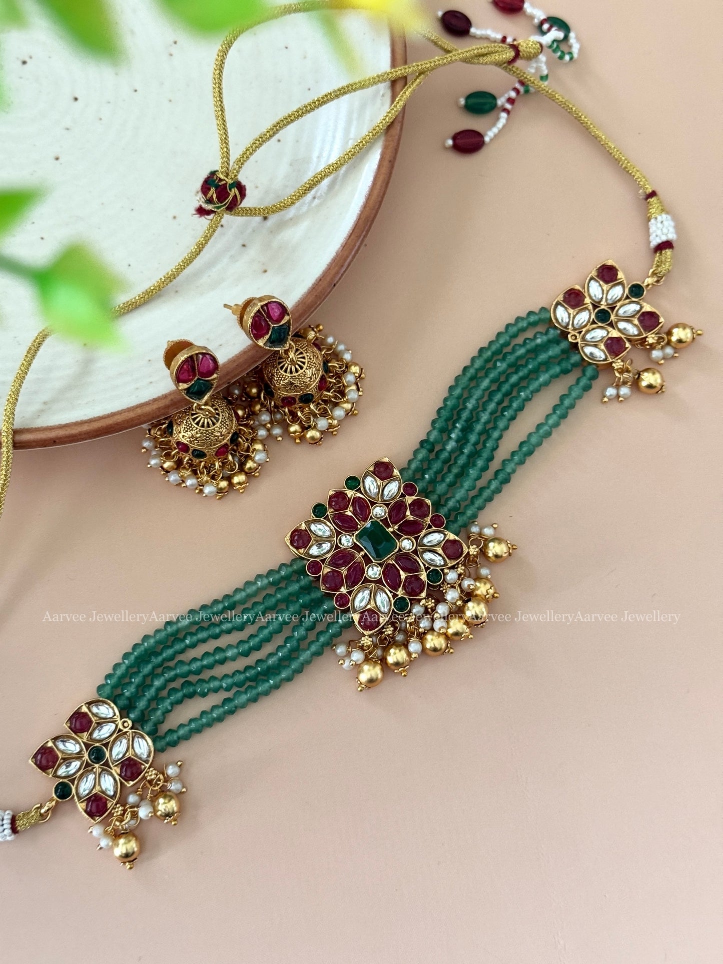 PASTEL BEADED SQUARE CHOKER SET WITH RUBY / GREEN STONES WITH GOLD BEADS