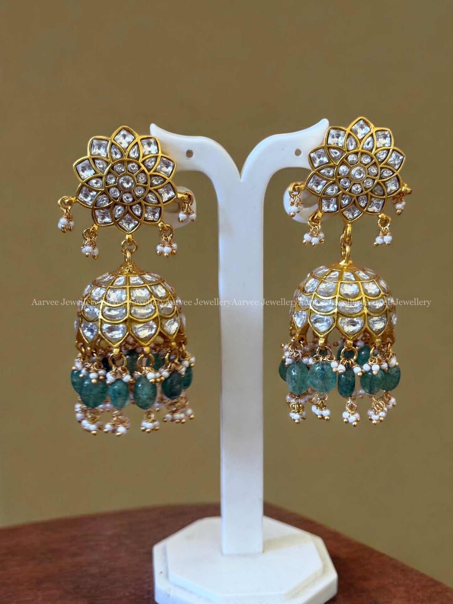 JADAU FLORAL JHUMKI WITH WHITE STONES AND PASTEL BEADS