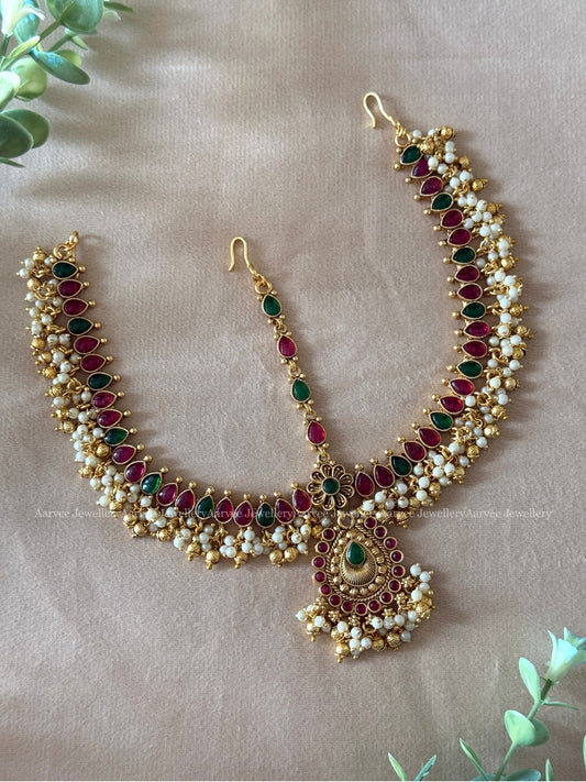 KEMP MATHAPATI NON IDOL FLORAL PENDANT WITH RUBY/GREEN STONES AND PEARLS | GOLD FINISH