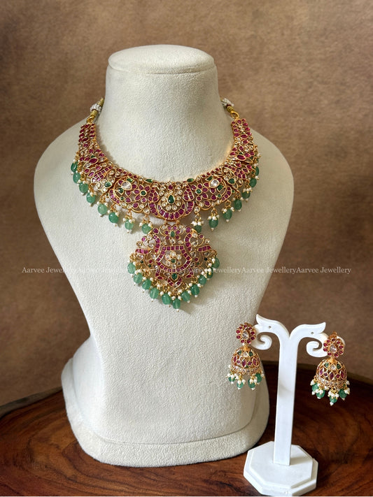 KEMP RUBY STONE FLORAL NECKLACE SET WITH PASTEL BEADS