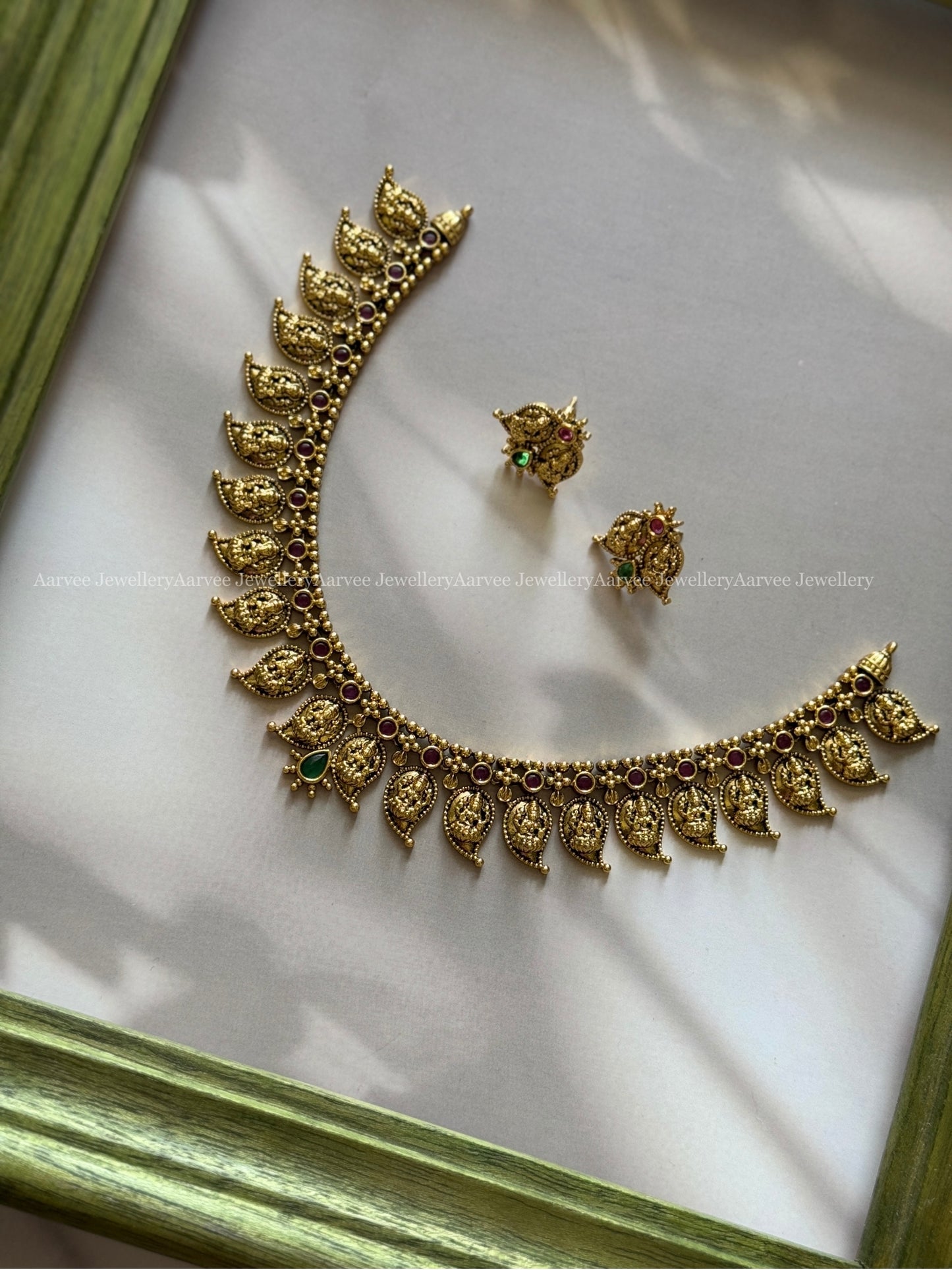 FULL GOLD LAKSHMI NECKLACE SET WITH RUBY / GREEN STONES
