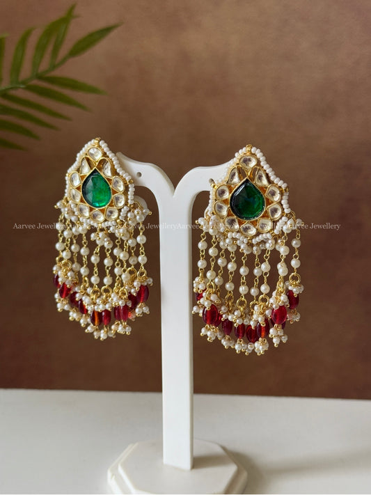 POLKI KUNDAN GREEN STONE DANGLER EARRINGS WITH RUBY BEADS