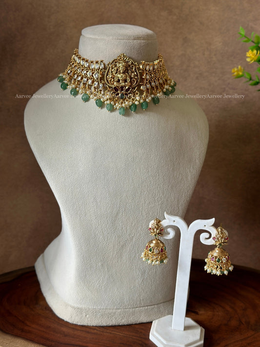 KUNDAN LAKSHMI CHOKER SET WITH WHITE STONES AND PASTEL BEADS