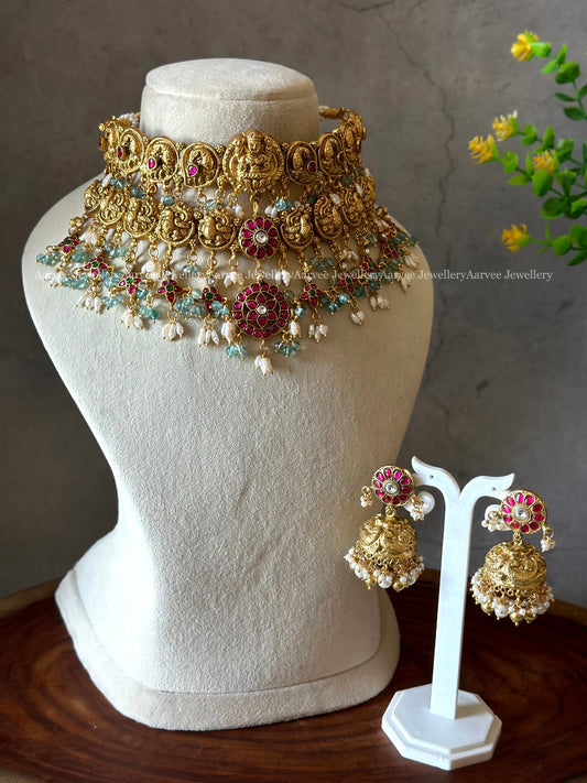 JADAU KUNDAN STATEMENT NAGAS CHOKER WITH TEAL BEADS AND BUTTA JHUMKI