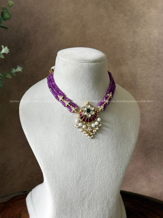 JADAU KUNDAN PURPLE BEADED CHOKER WITH CHAND PENDANT