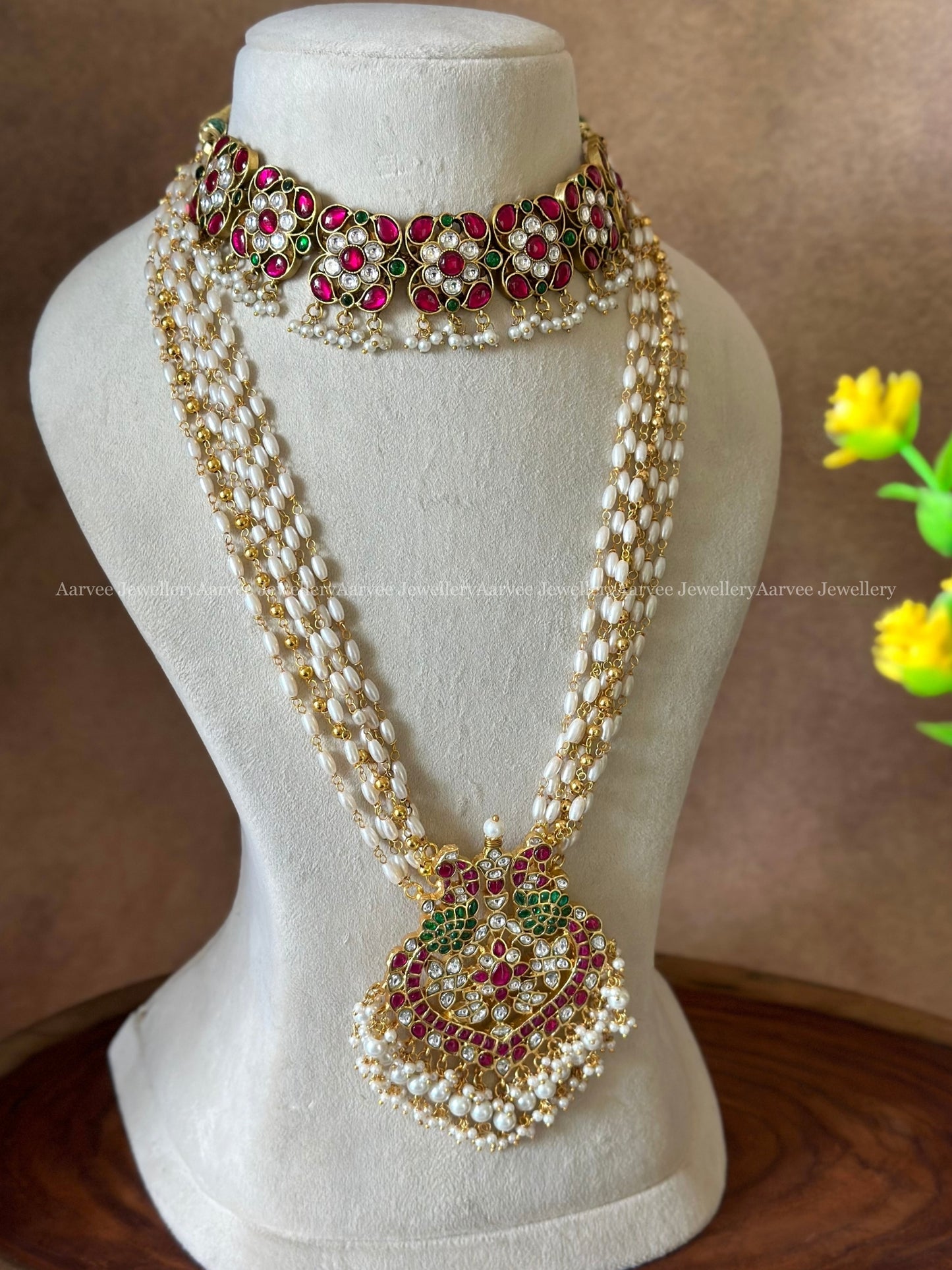 JADAU KUNDAN FLORAL CHOKER AND PEARL BEADED CHAIN WITH PEACOCK PENDANT