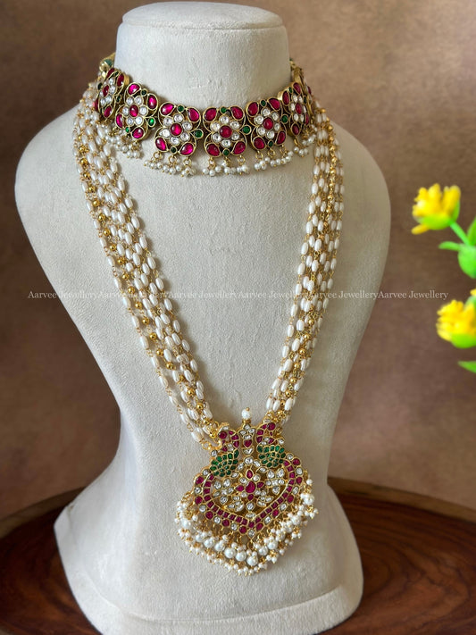 JADAU KUNDAN FLORAL CHOKER AND PEARL BEADED CHAIN WITH PEACOCK PENDANT