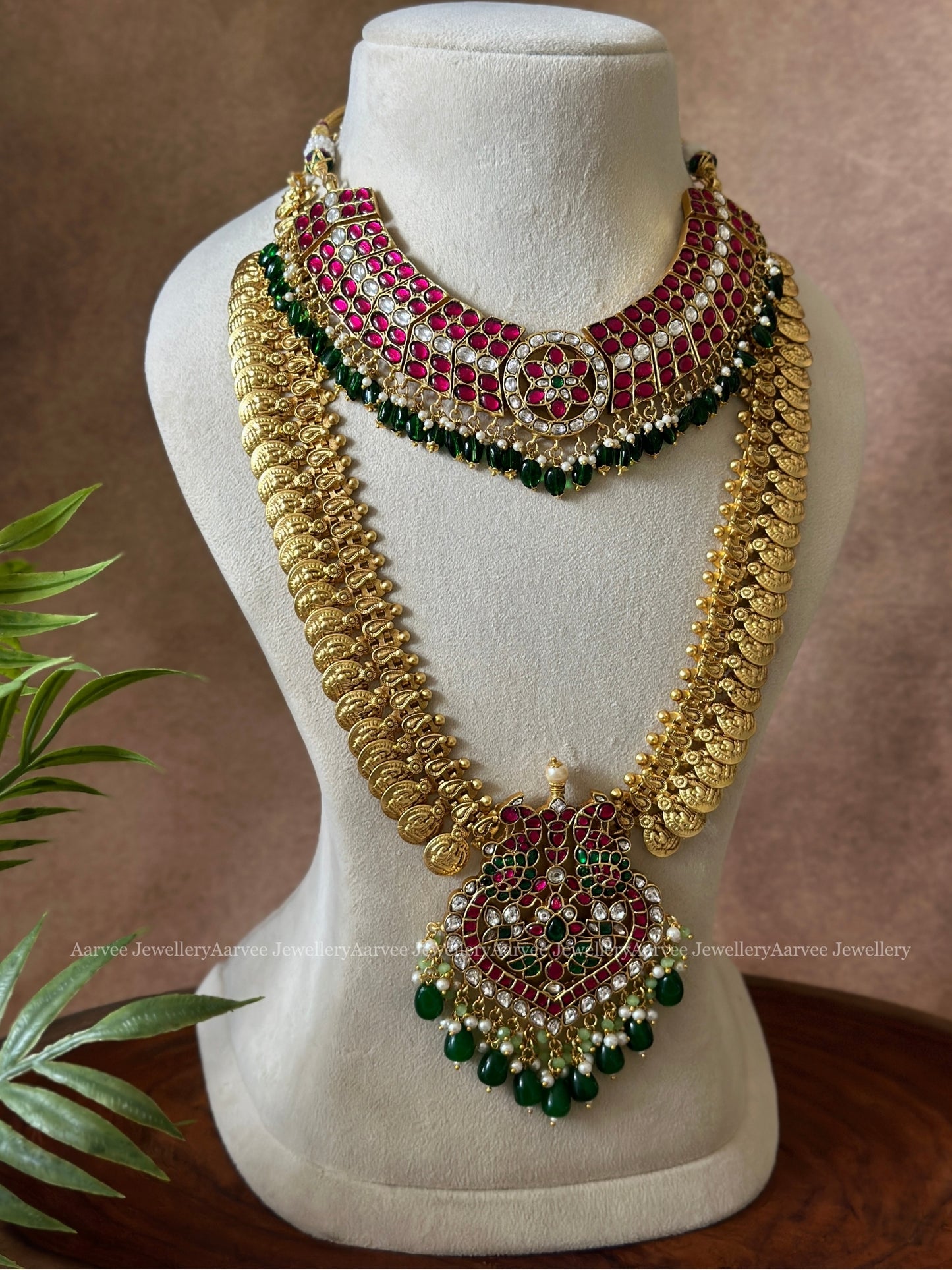JADAU KUNDAN PINK STONE BUTTA CHOKER | JADAU GOLD COIN MID LENGTH CHAIN WITH PEACOCK PENDANT WITH GREEN BEADS