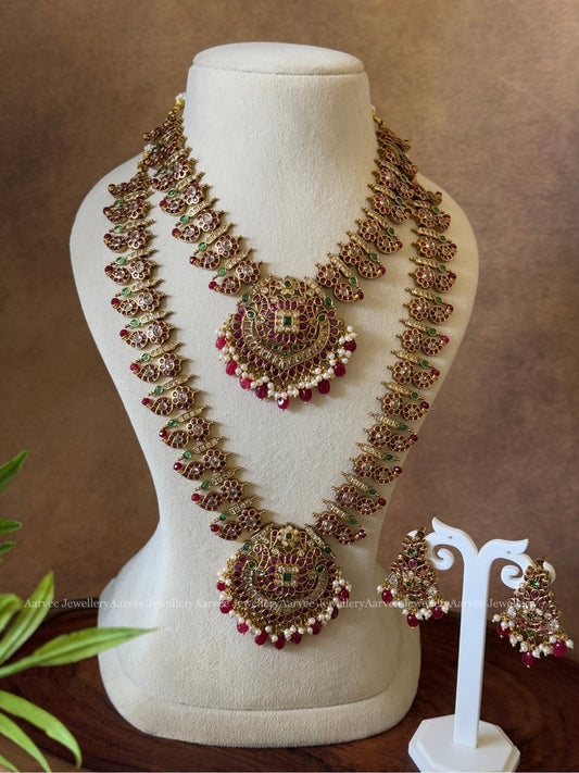 KEMP SEMI BRIDAL JEWELLERY SET WITH PEACOCK PENDANT WITH RUBY STONES & RUBY BEADS