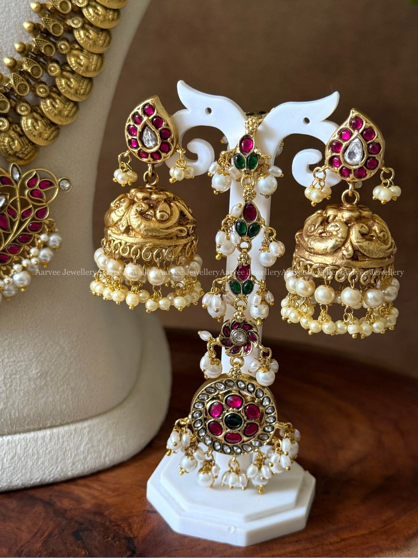 COMBO : GOLD BALL BEAD NECKLACE WITH RICE PEARLS, COIN MIDLENGTH CHAIN WITH MANGO PENDANT, TIKKA & JHUMKI
