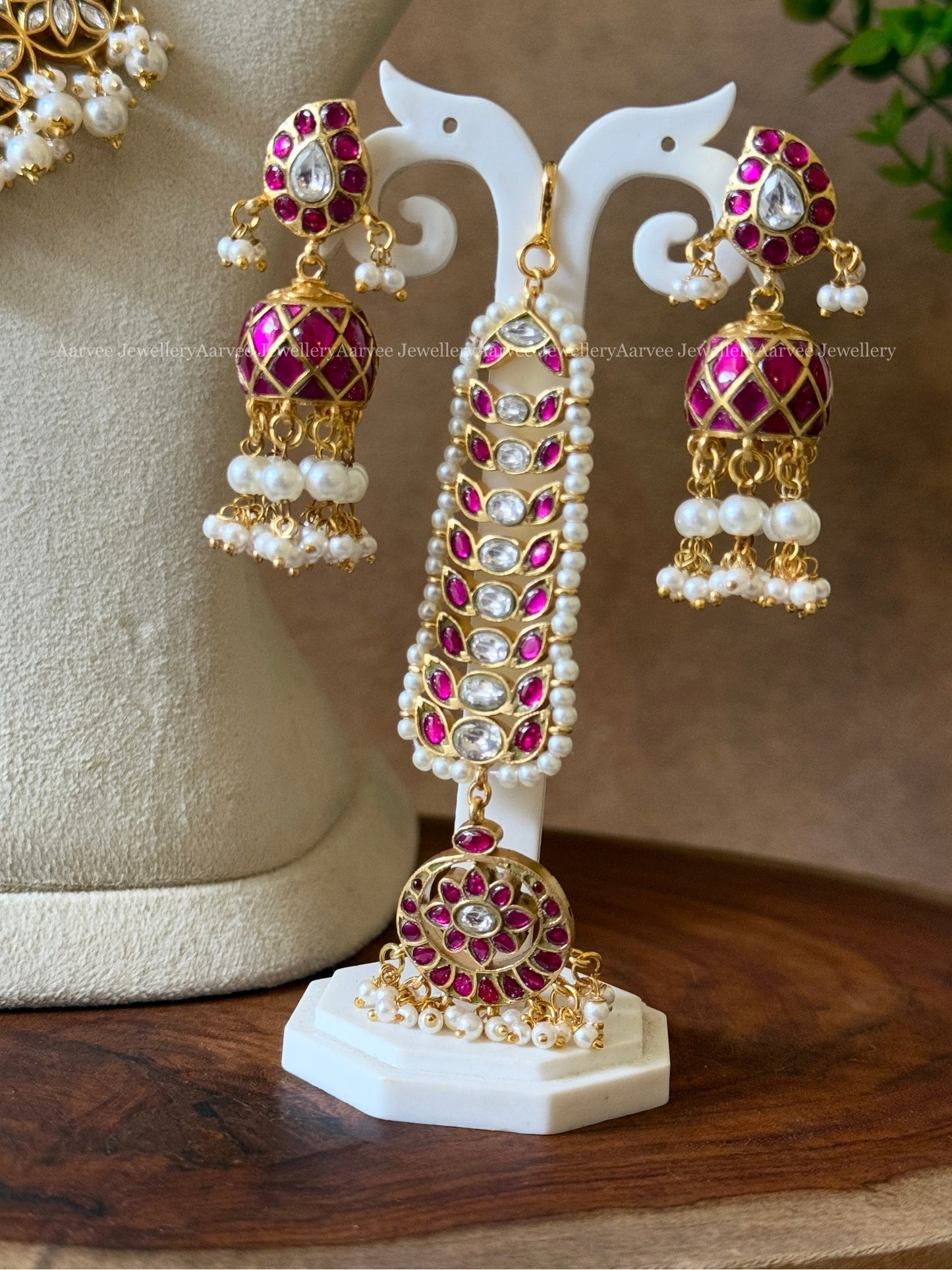 A LUXE JADAU KUNDAN SEMI-BRIDAL JEWELLERY SET | ADITI INSPIRED CHOKER, STATEMENT BRIDAL NECKLACE, MANGO MOTIF JHUMKI & FLORAL TIKKA IN RUBY STONES & PEARLS