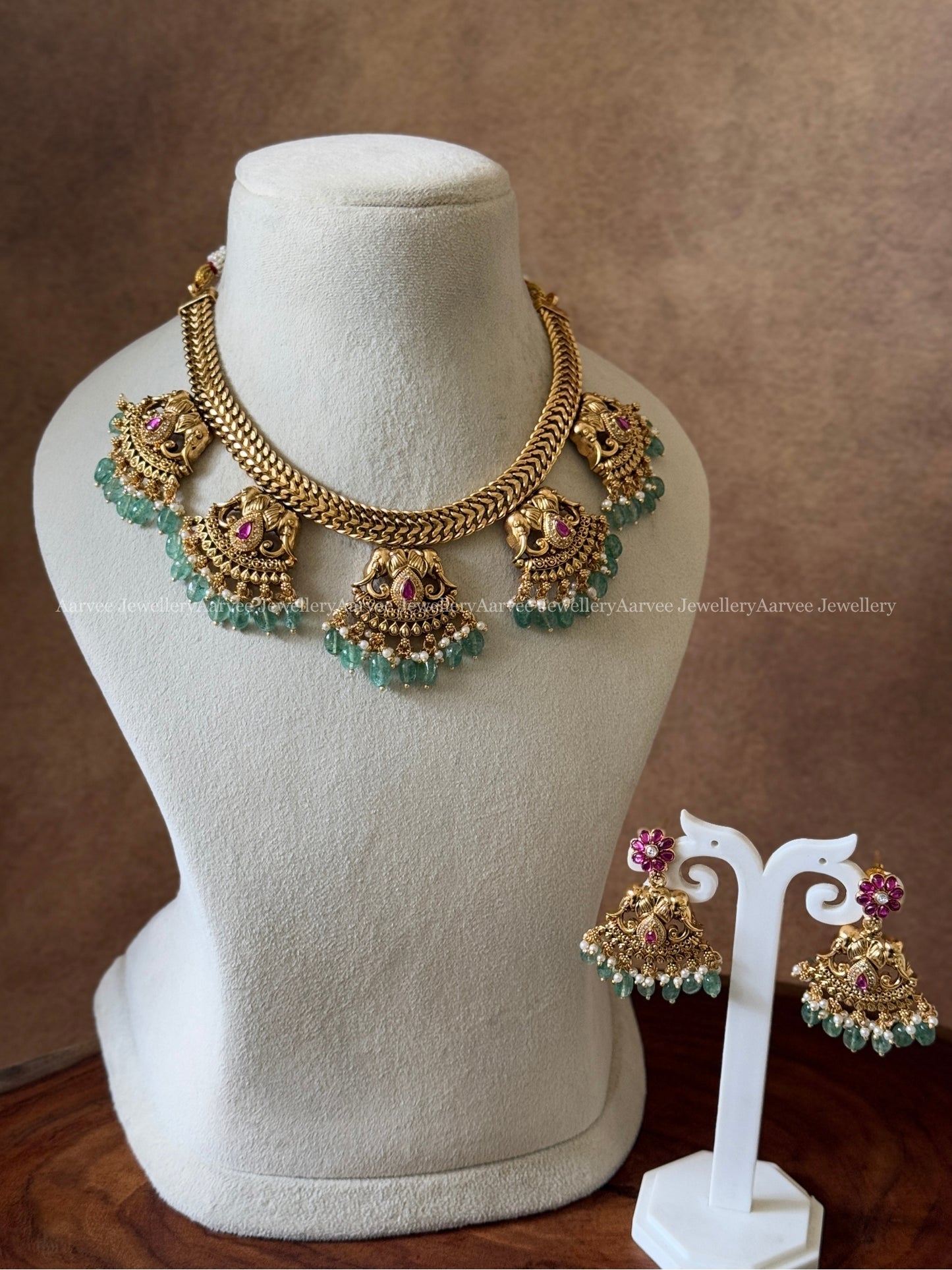 JALEBI NECKLACE SET FIVE PENDANT ELEPHANT MOTIF WITH PASTEL BEADS