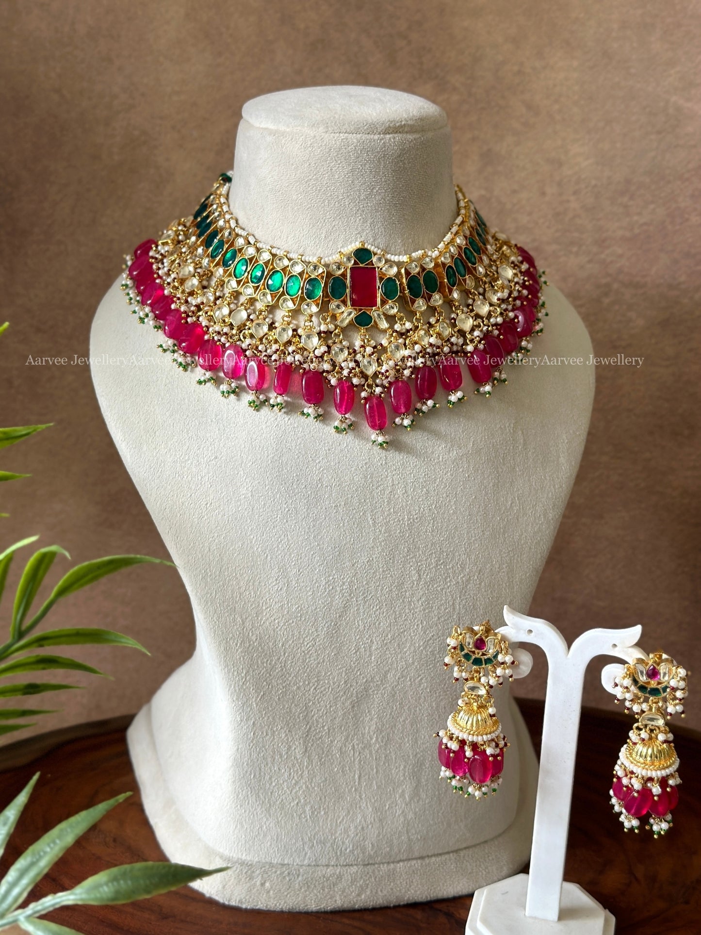 POLKI KUNDAN GREEN & WHITE STONES NECKALCE SET WITH RUBY BEADS