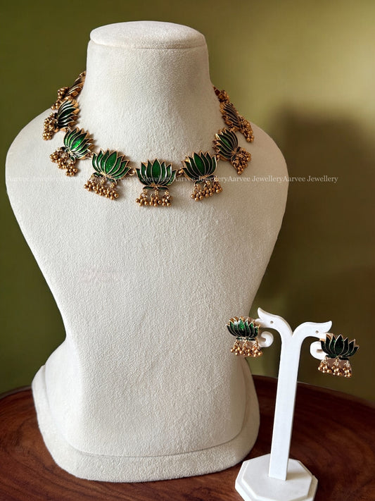 LOTUS NECKLACE SET IN GREEN COLOR AND GOLD BEADS