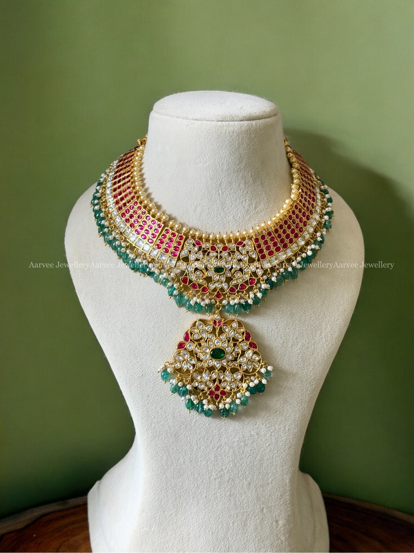 BRIDAL JADAU KUNDAN STATEMENT NECKLACE WITH RUBY STONES & PASTEL BEADS