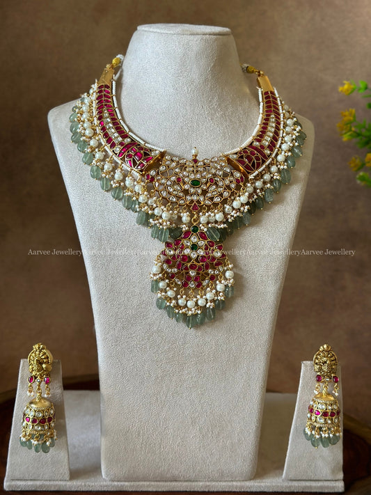 JADAU KUNDAN RUBY STONE KANTI NECKLACE WITH PEACOCK JHUMKI AND PASTEL BEADS