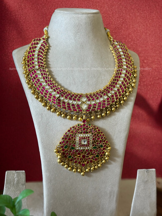 JADAU KUNDAN RUBY STONE BRIDAL NECKLACE WITH GOLD BEADS