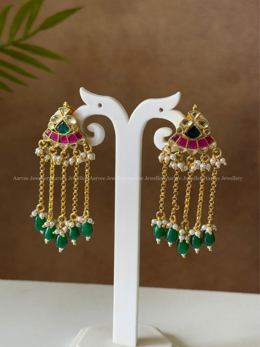 POLKI KUNDAN PINK / GREEN STONE DANGLER EARRINGS WITH GREEN BEADS