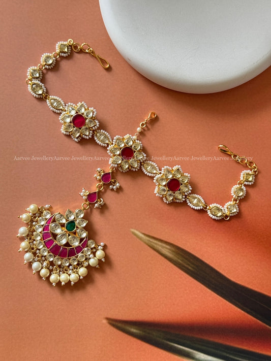 POLKI KUNDAN WHITE / RUBY STONE SHEESHPHOOL WITH FLORAL TIKKA