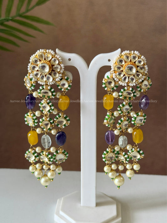 POLKI KUNDAN BEADED DANGLER EARRINGS WITH YELLOW / PURPLE BEADS