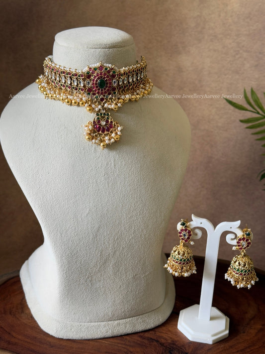 KEMP RUBY STONE CHOKER SET WITH GOLD / PEARL BEADS