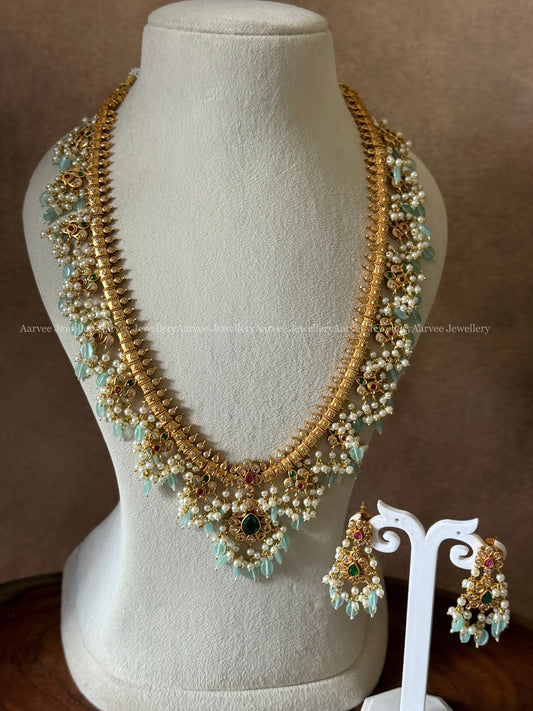 FLORAL GUTTA PUSALU HARAM SET WITH PASTEL BLUE BEADS