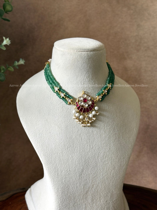 JADAU KUNDAN PASTEL BEADED CHOKER WITH CHAND PENDANT