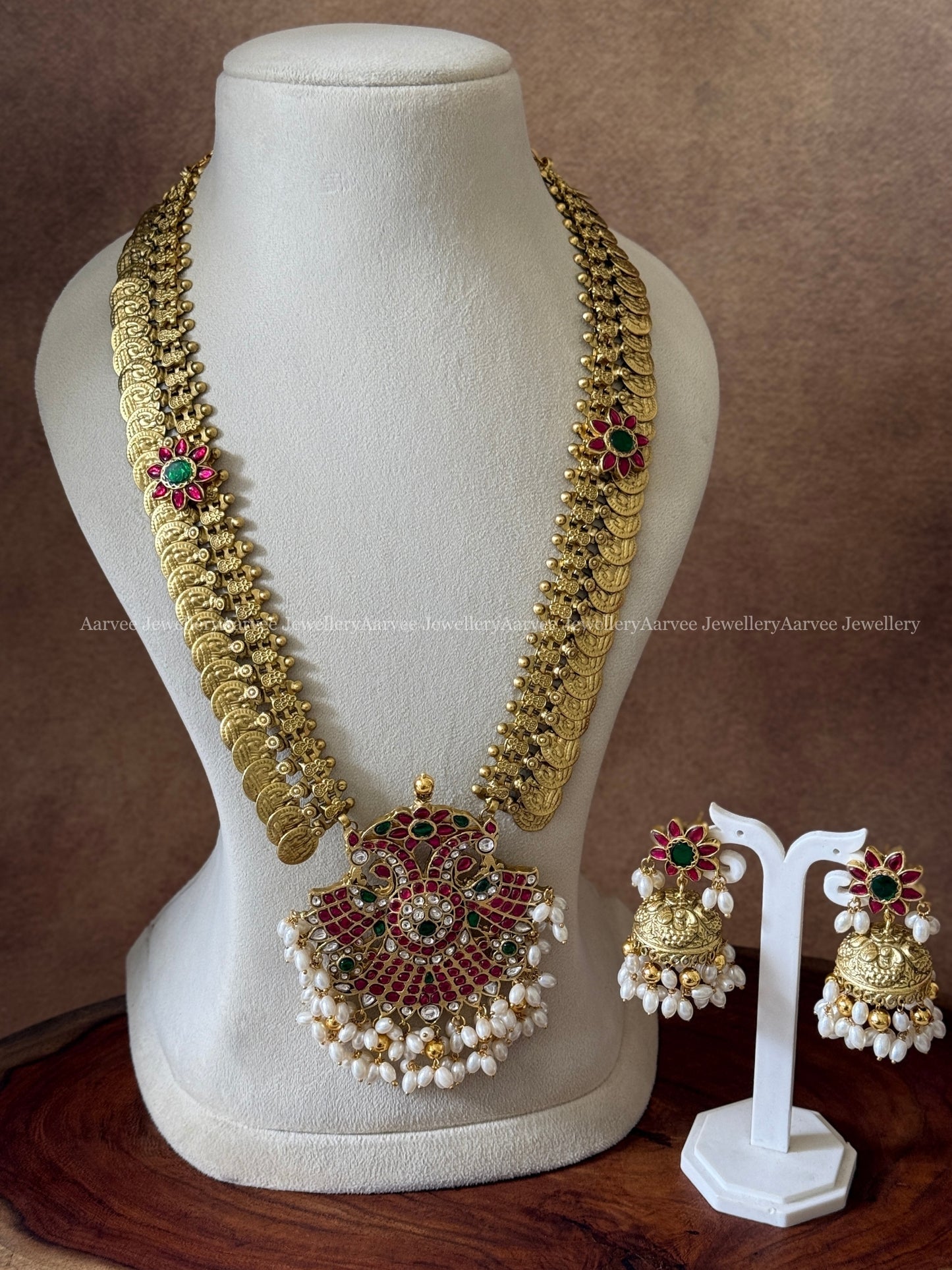 GOLD COIN MID LENGTH HARAM SET WITH PEACOCK PENDANT WITH PEARLS - RUBY STONES