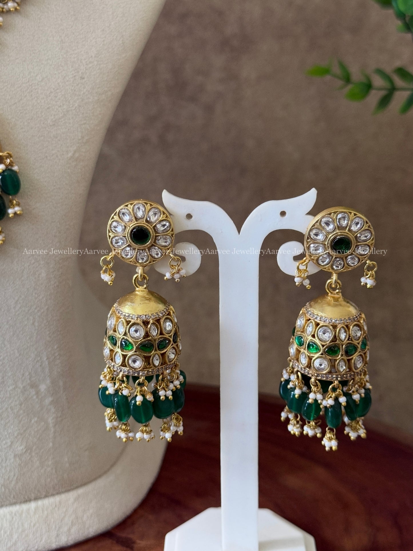 LUXE JADAU BRIDAL JEWELLERY — ADITI CHOKER, STATEMENT NECKLACE & JHUMKI COMBO SET IN WHITE STONES & DARK GREEN BEADS