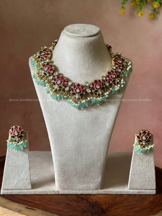 JADAU KUNDAN RUBY STONE LOTUS NECKLACE & STUDS WITH PASTEL BLUE BEADS