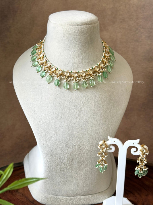 POLKI KUNDAN MINIMAL PEARL CHAIN WHITE STONE NECKLACE SET WITH PASTEL BEADS
