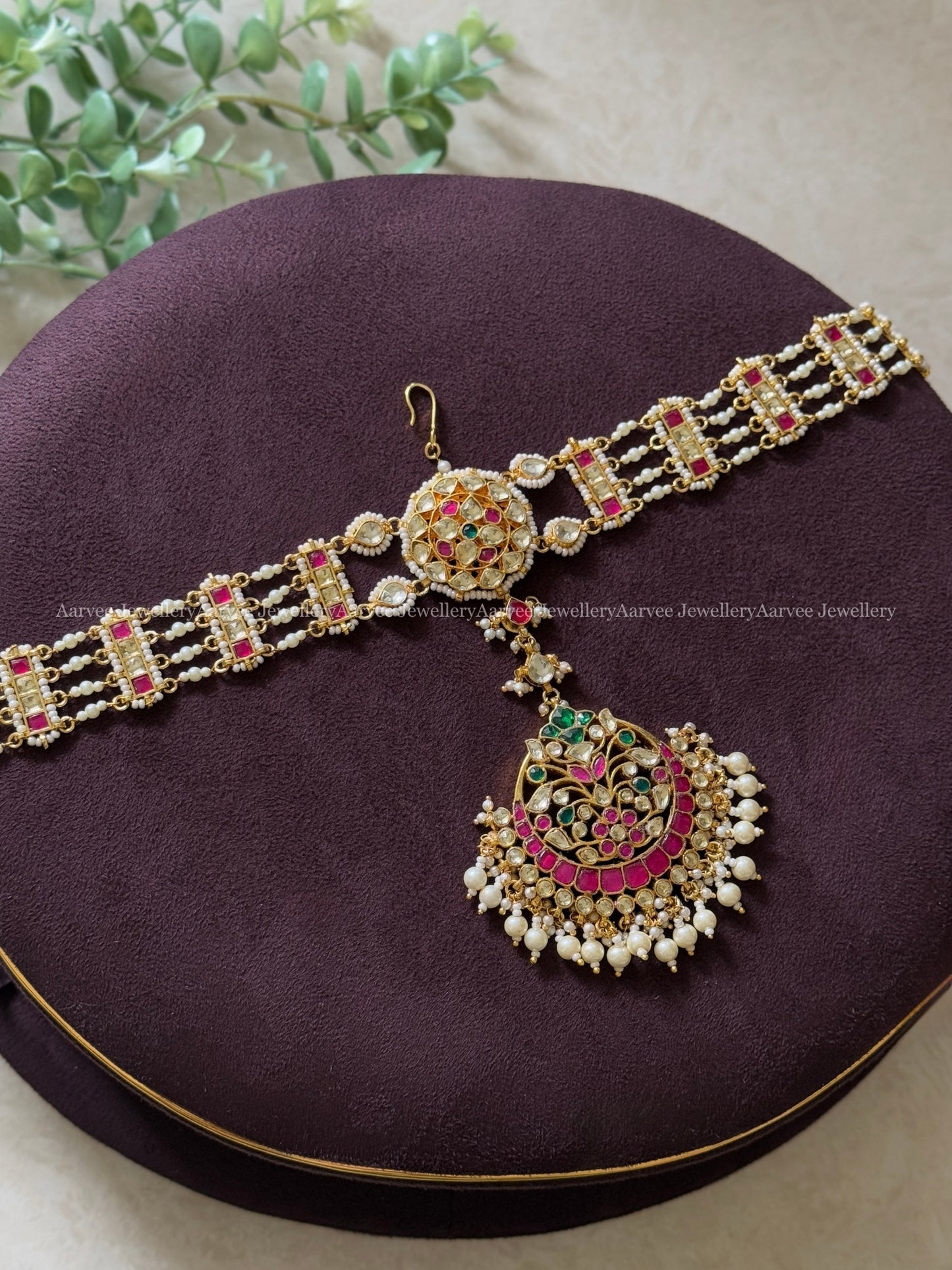 POLKI KUNDAN MATHAPATHI WHITE & PINK STONE PENDANT WITH PEARLS