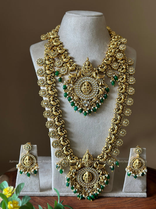 SEMI BRIDAL COMBO- GOLD TONE NAGAS MOTIF NECKLACE & HARAM SET WITH WHITE STONES & GREEN BEADS