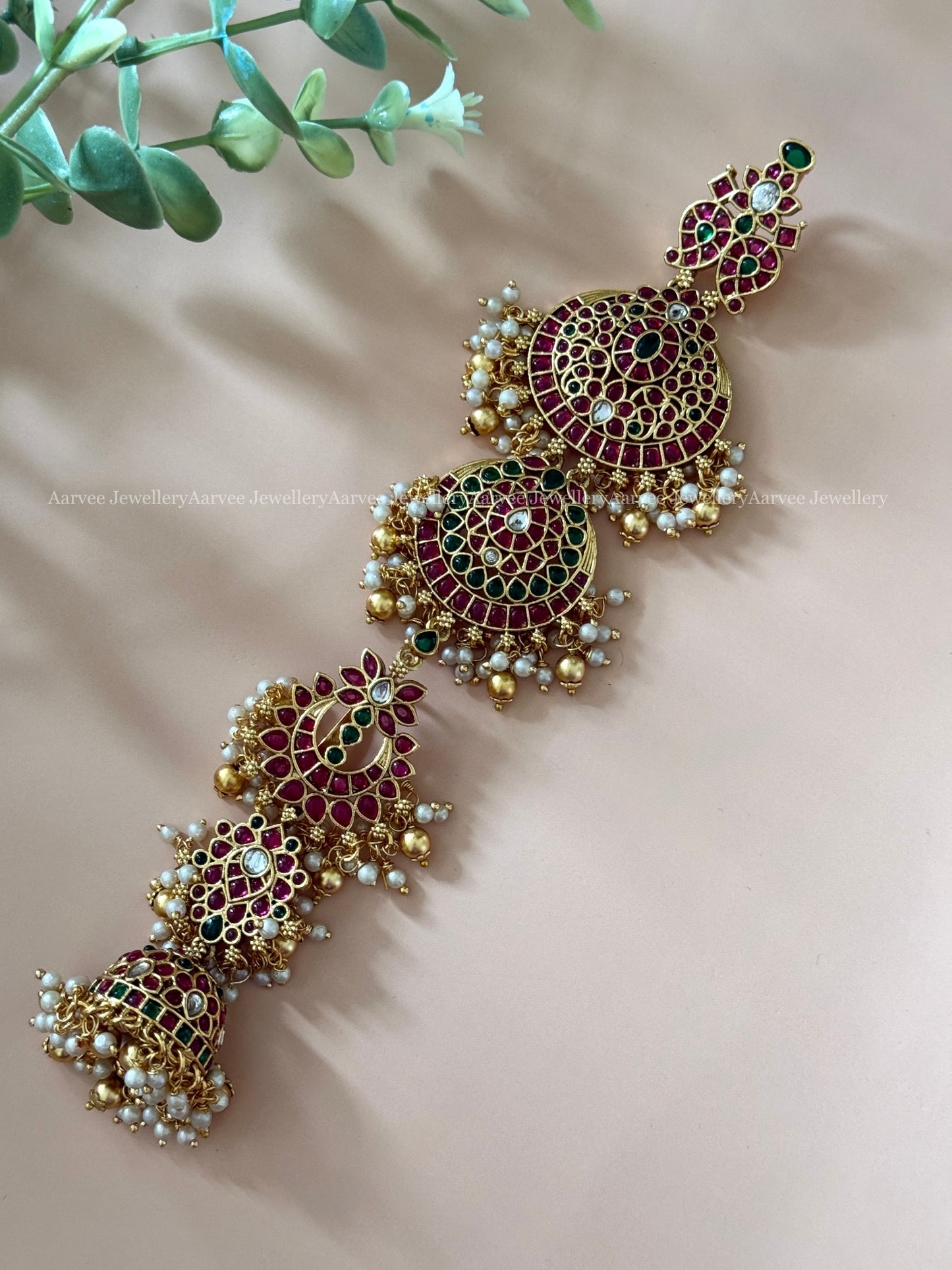 HAIR ACCESSORY WITH MANGO, LOTUS FLORAL MOTIF IN MULTI COLOR KEMP STONES WITH GOLD BEADS MEDIUM LENGTH