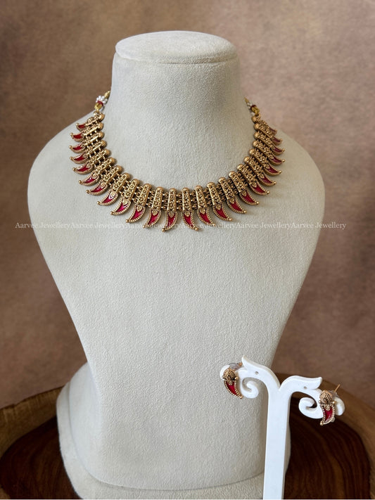 KERALA STYLE PALAKKA DESIGN NECKLACE SET WITH RUBY STONES