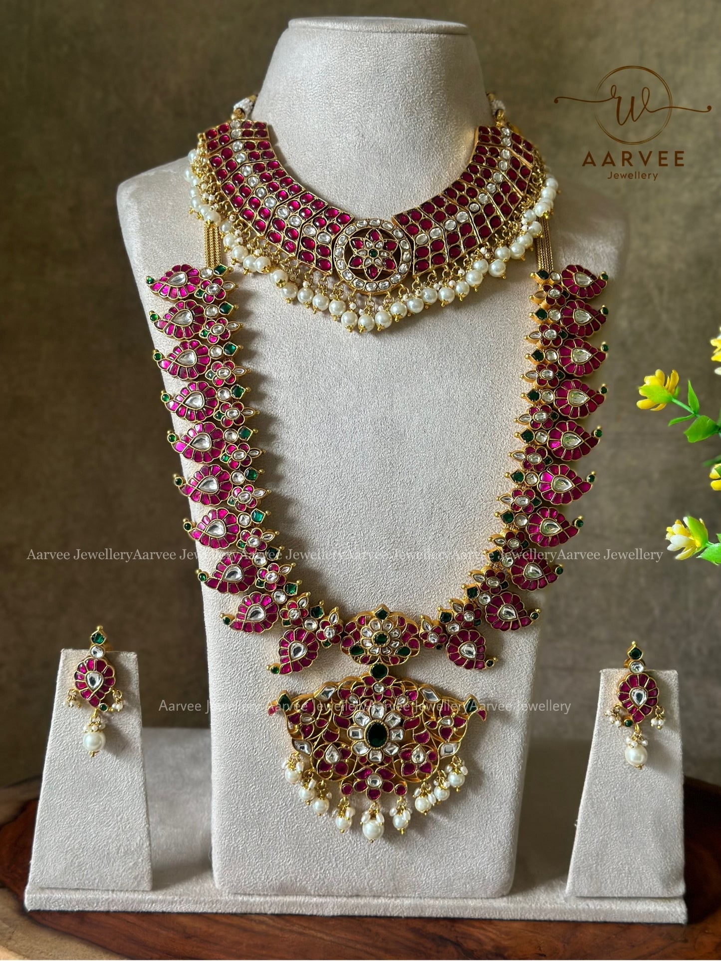 COMBO - JADAU KUNDAN PINK STONE BUTTA CHOKER | JADAU KUNDAN PINK STONE MANGO MOTIF MID LENGTH HARAM SET WITH PEARLS