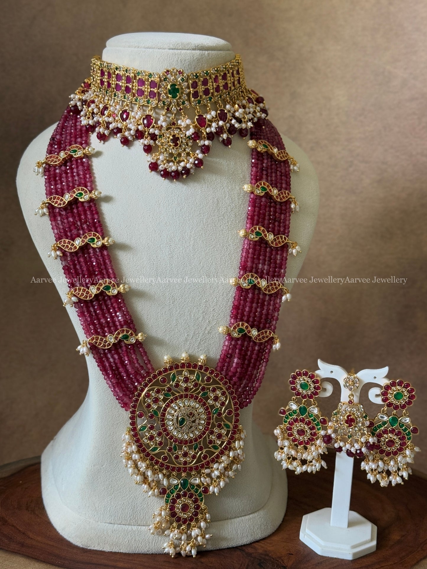 COMBO - CZ CHOKER AND RUBY BEADED HARAM SET WITH FLORAL PENDANT / SIDE PENDANT