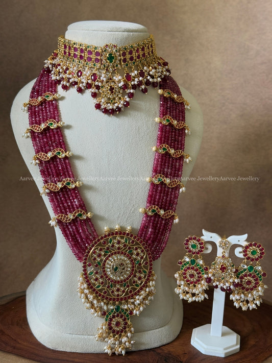 COMBO - CZ CHOKER AND RUBY BEADED HARAM SET WITH FLORAL PENDANT / SIDE PENDANT