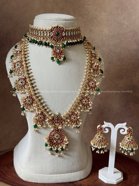 COMBO - KEMP SINGLE PENDANT CHOKER WITH KEMP RUBY / GREEN STONE GUTTA PUSALU HARAM SET WITH PEARLS