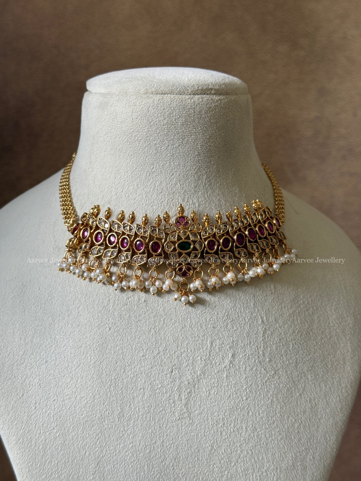 GOLD FINISH CZ STONES MINIMAL CHOKER SET WITH RUBY STONES