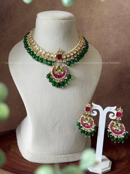 POLKI KUNDAN WHITE & RUBY STONES NECKALCE SET WITH CHAND PENDANT WITH  GREEN BEADS