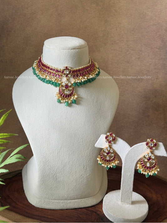 SEMI PRECIOUS KEMP STONES CHOKER SET WITH RUBY STONE & PASTEL BEADS