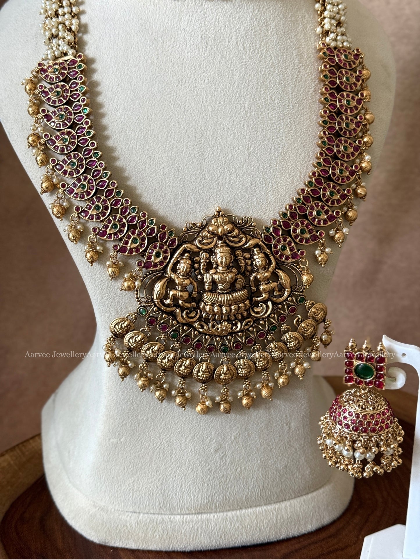 COMBO - KEMP CHOKER WITH MID LENGTH LAKSHMI PENDANT HARAM SET WITH RUBY / GREEN STONES