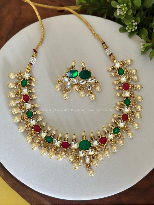 POLKI KUNDAN NECKLACE SET | GREEN & RUBY STONE WITH PEARL DROP