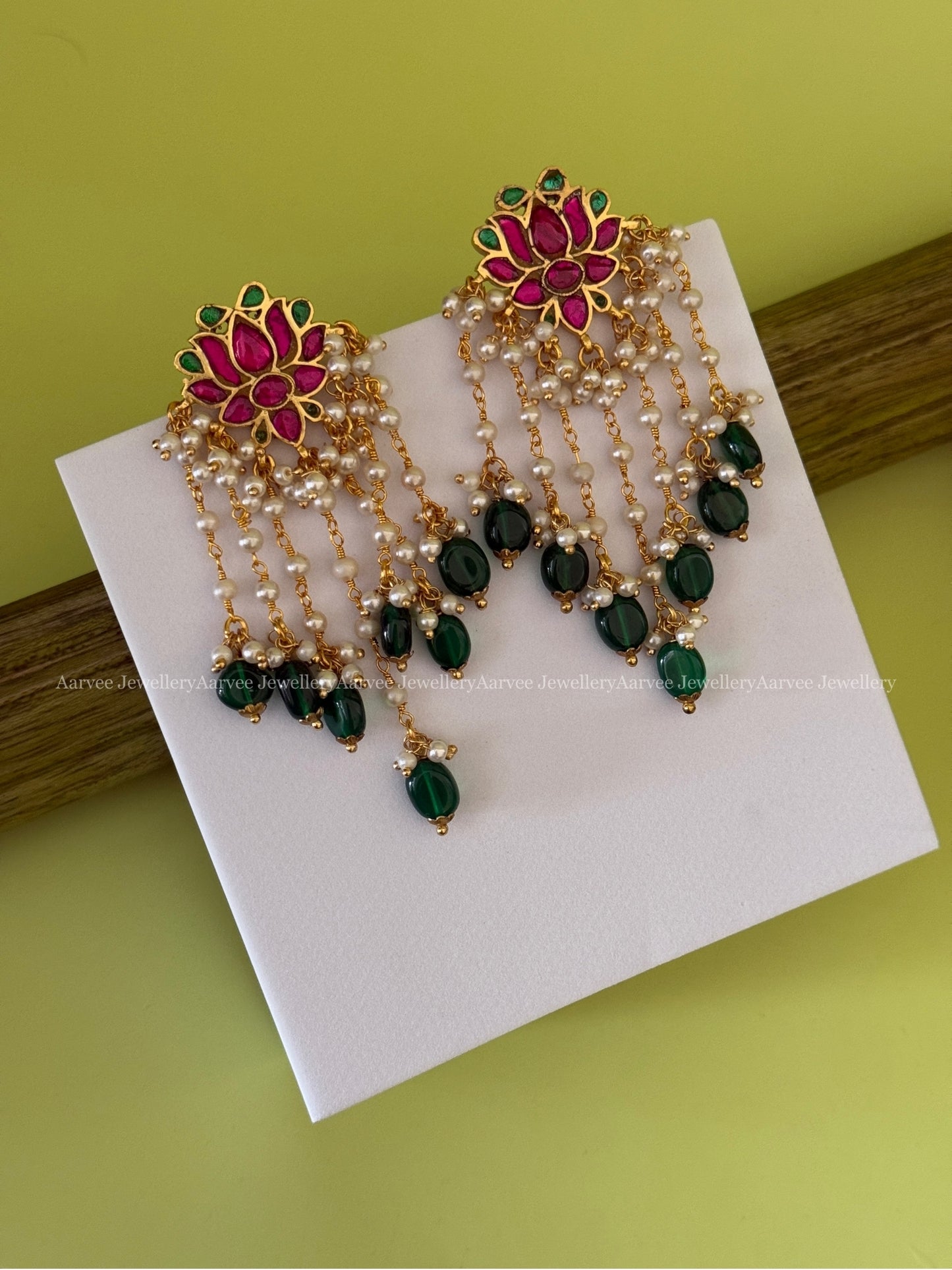 JADAU KUNDAN LOTUS DANGLER EARRINGS WITH LAYERED GREEN BEADS
