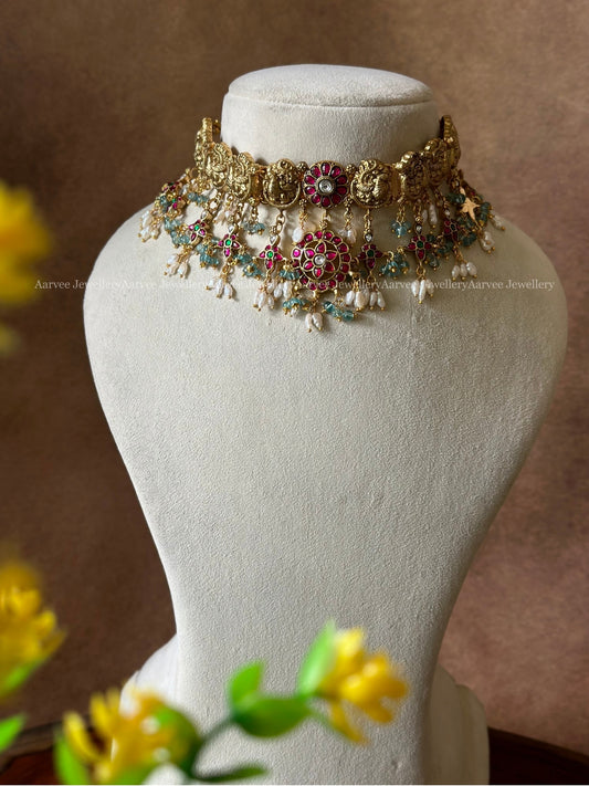 JADAU KUNDAN - NAGAS CHOKER WITH BLUE BEADS & RICE PEARLS