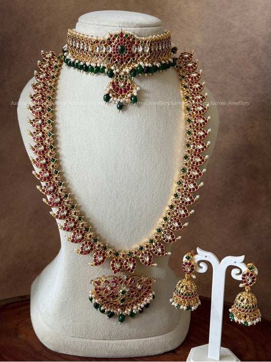COMBO - KEMP SINGLE PENDANT CHOKER & KEMP MANGO MOTIF HARAM SET WITH RUBY STONES & GREEN BEADS