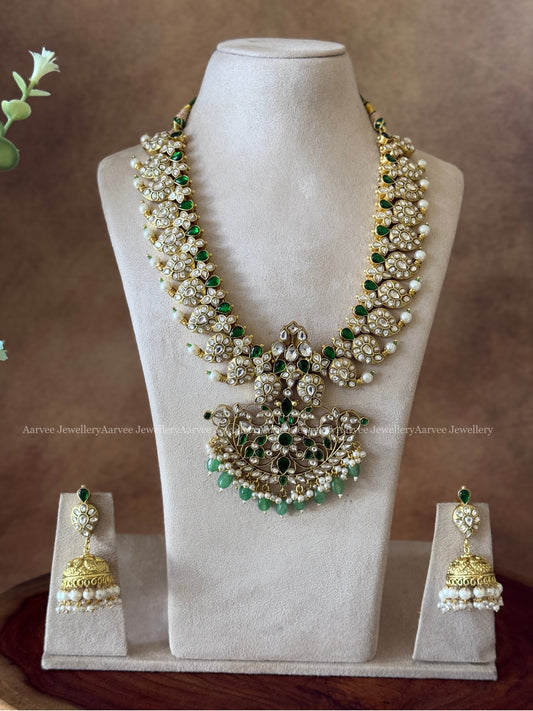 JADAU KUNDAN WHITE / GREEN STONE MANGO MOTIF NECKLACE WITH PASTEL BEADS AND MANGO JHUMKI