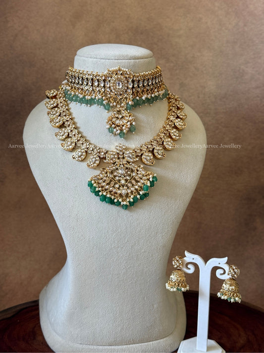 COMBO - KEMP WHITE STONE SINGLE PENDANT CHOKER & WHITE STONE MANGO NECKLACE SET WITH PASTEL BEADS